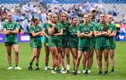 3 August 2025; Dejected Meath players watch Dublin players lift the cup after the TG4 All-Ireland Ladies Football Senior Championship final match between Dublin and Meath at Croke Park in Dublin. Photo by Piaras Ó Mídheach/Sportsfile