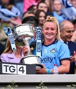 3 August 2025; Dublin captain Carla Rowe with the Brendan Martin Cup after the TG4 All-Ireland Ladies Football Senior Championship final match between Dublin and Meath at Croke Park in Dublin. Photo by Piaras Ó Mídheach/Sportsfile