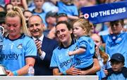 3 August 2025; Dublin footballer Hannah Tyrrell with her daughter Aoife, age 2, after the TG4 All-Ireland Ladies Football Senior Championship final match between Dublin and Meath at Croke Park in Dublin. Photo by Piaras Ó Mídheach/Sportsfile