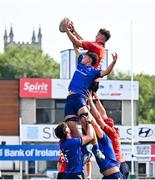 13 August 2025; Tom Murray of Munster in action against Thibault Campbell of Leinster during the PwC U-18 Boys Interprovincial Series match between Leinster and Munster at Energia Park in Dublin. Photo by Tyler Miller/Sportsfile