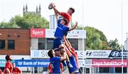 13 August 2025; Tom Murray of Munster in action against Thibault Campbell of Leinster during the PwC U-18 Boys Interprovincial Series match between Leinster and Munster at Energia Park in Dublin. Photo by Tyler Miller/Sportsfile