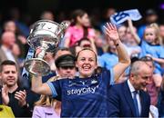 3 August 2025; Dublin goalkeeper Abby Shiels lifts the Brendan Martin Cup after the TG4 All-Ireland Ladies Football Senior Championship final match between Dublin and Meath at Croke Park in Dublin. Photo by Piaras Ó Mídheach/Sportsfile