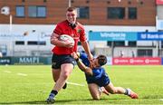 13 August 2025; Jack Hayes of Munster in action against Finn Brennan of Leinster during the PwC U-18 Boys Interprovincial Series match between Leinster and Munster at Energia Park in Dublin. Photo by Tyler Miller/Sportsfile