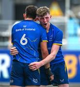 13 August 2025; Eoin Farrell of Leinster, right, celebrates with team-mate Thibault Campbell after the PwC U-18 Boys Interprovincial Series match between Leinster and Munster at Energia Park in Dublin. Photo by Tyler Miller/Sportsfile
