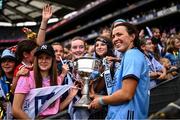 3 August 2025; Leah Caffrey of Dublin with the Brendan Martin Cup after the TG4 All-Ireland Ladies Football Senior Championship final match between Dublin and Meath at Croke Park in Dublin. Photo by Piaras Ó Mídheach/Sportsfile