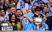 3 August 2025; Dublin players Nicole Owens, 10, and Sinéad Goldrick celebrate alongside the Brendan Martin Cup after the TG4 All-Ireland Ladies Football Senior Championship final match between Dublin and Meath at Croke Park in Dublin. Photo by Piaras Ó Mídheach/Sportsfile