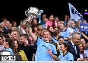 3 August 2025; Orlagh Nolan of Dublin lifts the Brendan Martin Cup after the TG4 All-Ireland Ladies Football Senior Championship final match between Dublin and Meath at Croke Park in Dublin. Photo by Piaras Ó Mídheach/Sportsfile