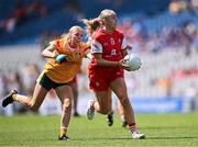 3 August 2025; Aoife Russell of Louth in action against Aiobheann Monaghan of Antrim during the TG4 All-Ireland Ladies Football Junior Championship final match between Antrim and Louth at Croke Park in Dublin. Photo by Piaras Ó Mídheach/Sportsfile
