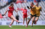 3 August 2025; Áine Breen of Louth in action against Ciara Brown of Antrim during the TG4 All-Ireland Ladies Football Junior Championship final match between Antrim and Louth at Croke Park in Dublin. Photo by Piaras Ó Mídheach/Sportsfile
