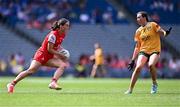 3 August 2025; Eimear Byrne of Louth in action against Sarah O'Neill of Antrim during the TG4 All-Ireland Ladies Football Junior Championship final match between Antrim and Louth at Croke Park in Dublin. Photo by Piaras Ó Mídheach/Sportsfile