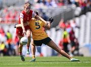 3 August 2025; Lucy White of Louth in action against Sarah O'Neill of Antrim during the TG4 All-Ireland Ladies Football Junior Championship final match between Antrim and Louth at Croke Park in Dublin. Photo by Piaras Ó Mídheach/Sportsfile