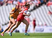3 August 2025; Lucy White of Louth in action against Sarah O'Neill of Antrim during the TG4 All-Ireland Ladies Football Junior Championship final match between Antrim and Louth at Croke Park in Dublin. Photo by Piaras Ó Mídheach/Sportsfile