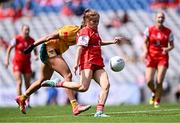 3 August 2025; Lucy White of Louth in action against Sarah O'Neill of Antrim during the TG4 All-Ireland Ladies Football Junior Championship final match between Antrim and Louth at Croke Park in Dublin. Photo by Piaras Ó Mídheach/Sportsfile
