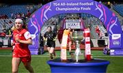 3 August 2025; Louth players run past The West County Hotel cup before the TG4 All-Ireland Ladies Football Junior Championship final match between Antrim and Louth at Croke Park in Dublin. Photo by Piaras Ó Mídheach/Sportsfile