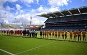 3 August 2025; Players and officials before the TG4 All-Ireland Ladies Football Junior Championship final match between Antrim and Louth at Croke Park in Dublin. Photo by Piaras Ó Mídheach/Sportsfile