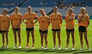 3 August 2025; Antrim players before the TG4 All-Ireland Ladies Football Junior Championship final match between Antrim and Louth at Croke Park in Dublin. Photo by Piaras Ó Mídheach/Sportsfile