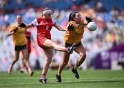 3 August 2025; Mia Duffy of Louth in action against Maeve Blaney of Antrim during the TG4 All-Ireland Ladies Football Junior Championship final match between Antrim and Louth at Croke Park in Dublin. Photo by Piaras Ó Mídheach/Sportsfile