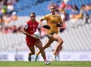 3 August 2025; Céire Nolan of Louth in action against Sarah O'Neill of Antrim during the TG4 All-Ireland Ladies Football Junior Championship final match between Antrim and Louth at Croke Park in Dublin. Photo by Piaras Ó Mídheach/Sportsfile