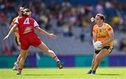 3 August 2025; Bronagh Devlin of Antrim in action against Eimear Murray of Louth during the TG4 All-Ireland Ladies Football Junior Championship final match between Antrim and Louth at Croke Park in Dublin. Photo by Piaras Ó Mídheach/Sportsfile