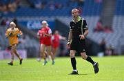 3 August 2025; Referee Kevin Corcoran during the TG4 All-Ireland Ladies Football Junior Championship final match between Antrim and Louth at Croke Park in Dublin. Photo by Piaras Ó Mídheach/Sportsfile