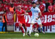 12 August 2025; Ante Majstorovic of Rijeka and Kerr McInroy of Shelbourne during the UEFA Europa League Third Qualifying Round 2nd Leg match between Shelbourne and Rijeka at Tolka Park in Dublin. Photo by Ben McShane/Sportsfile