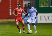 12 August 2025; Merveil Ndockyt of Rijeka and James Norris of Shelbourne during the UEFA Europa League Third Qualifying Round 2nd Leg match between Shelbourne and Rijeka at Tolka Park in Dublin. Photo by Ben McShane/Sportsfile