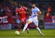 12 August 2025; Ante Majstorovic of Rijeka and Mipo Odubeko of Shelbourne during the UEFA Europa League Third Qualifying Round 2nd Leg match between Shelbourne and Rijeka at Tolka Park in Dublin. Photo by Ben McShane/Sportsfile