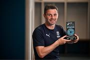 14 August 2025; Padraig Amond of Waterford poses for a portrait with his SSE Airtricity / SWI Player of the Month Award for July 2025 at the Waterford Regional Sports Centre in Waterford. Photo by Sam Barnes/Sportsfile