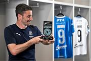 14 August 2025; Padraig Amond of Waterford poses for a portrait with his SSE Airtricity / SWI Player of the Month Award for July 2025 at the Waterford Regional Sports Centre in Waterford. Photo by Sam Barnes/Sportsfile