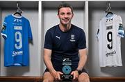 14 August 2025; Padraig Amond of Waterford poses for a portrait with his SSE Airtricity / SWI Player of the Month Award for July 2025 at the Waterford Regional Sports Centre in Waterford. Photo by Sam Barnes/Sportsfile