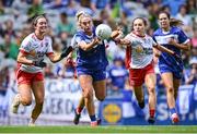3 August 2025; Emma Lawlor of Laois in action against Tyrone players Méabh Corrigan, left, and Gráinne McKenna during the TG4 All-Ireland Ladies Football Intermediate Championship final match between Laois and Tyrone at Croke Park in Dublin. Photo by Shauna Clinton/Sportsfile