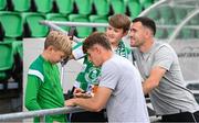 14 August 2025; John McGovern, left, and Aaron Greene of Shamrock Rovers with supporters before during the UEFA Conference League Third Qualifying Round second leg match between Shamrock Rovers and Ballkani at Tallaght Stadium in Dublin. Photo by Stephen McCarthy/Sportsfile