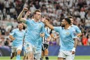 14 August 2025; Conor Carty of St Patrick's Athletic, left, celebrates with teammate Jake Mulraney after scoring his side's first goal in the UEFA Conference League Third Qualifying Round second leg match between Besiktas and St Patrick's Athletic at Besiktas Stadium in Istanbul, Türkiye. Photo by Emre Oktay/Sportsfile