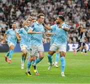 14 August 2025; Conor Carty of St Patrick's Athletic, left, celebrates with teammate Jake Mulraney after scoring his side's first goal in the UEFA Conference League Third Qualifying Round second leg match between Besiktas and St Patrick's Athletic at Besiktas Stadium in Istanbul, Türkiye. Photo by Emre Oktay/Sportsfile