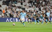 14 August 2025; Conor Carty of St Patrick's Athletic scores his side's first goal from a penalty during the UEFA Conference League Third Qualifying Round second leg match between Besiktas and St Patrick's Athletic at Besiktas Stadium in Istanbul, Türkiye. Photo by Emre Oktay/Sportsfile