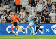 14 August 2025; Jake Mulraney of St Patrick's Athletic in action against Emirhan Topçu of Besiktas during the UEFA Conference League Third Qualifying Round second leg match between Besiktas and St Patrick's Athletic at Besiktas Stadium in Istanbul, Türkiye. Photo by Emre Oktay/Sportsfile