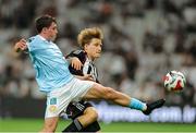 14 August 2025; Kian Leavy of St Patrick's Athletic in action against Jonas Svensson of Besiktas during the UEFA Conference League Third Qualifying Round second leg match between Besiktas and St Patrick's Athletic at Besiktas Stadium in Istanbul, Türkiye. Photo by Emre Oktay/Sportsfile