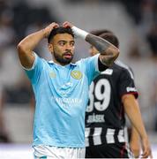 14 August 2025; Jake Mulraney of St Patrick's Athletic reacts during the UEFA Conference League Third Qualifying Round second leg match between Besiktas and St Patrick's Athletic at Besiktas Stadium in Istanbul, Türkiye. Photo by Emre Oktay/Sportsfile