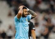 14 August 2025; Jake Mulraney of St Patrick's Athletic reacts during the UEFA Conference League Third Qualifying Round second leg match between Besiktas and St Patrick's Athletic at Besiktas Stadium in Istanbul, Türkiye. Photo by Emre Oktay/Sportsfile