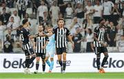 14 August 2025; Demir Ege Tiknaz of Besiktas, centre, celebrates with teammates after scoring his side's first goal during the UEFA Conference League Third Qualifying Round second leg match between Besiktas and St Patrick's Athletic at Besiktas Stadium in Istanbul, Türkiye. Photo by Emre Oktay/Sportsfile