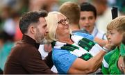 14 August 2025; Shamrock Rovers manager Stephen Bradley with a supporter before the UEFA Conference League Third Qualifying Round second leg match between Shamrock Rovers and Ballkani at Tallaght Stadium in Dublin. Photo by Stephen McCarthy/Sportsfile
