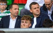 14 August 2025; FAI interim technical director Shane Robinson, right, and League of Ireland director Mark Scanlon before the UEFA Conference League Third Qualifying Round second leg match between Shamrock Rovers and Ballkani at Tallaght Stadium in Dublin. Photo by Stephen McCarthy/Sportsfile