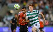 14 August 2025; Rory Gaffney of Shamrock Rovers in action against Bajram Jashanica of Ballkani during the UEFA Conference League Third Qualifying Round second leg match between Shamrock Rovers and Ballkani at Tallaght Stadium in Dublin. Photo by Stephen McCarthy/Sportsfile