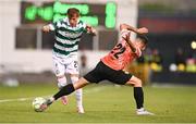 14 August 2025; Danny Grant of Shamrock Rovers in action against Elvis Letaj of Ballkani during the UEFA Conference League Third Qualifying Round second leg match between Shamrock Rovers and Ballkani at Tallaght Stadium in Dublin. Photo by Ben McShane/Sportsfile