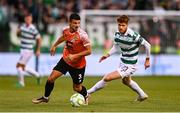 14 August 2025; Arber Potoku of Ballkani in action against Connor Malley of Shamrock Rovers during the UEFA Conference League Third Qualifying Round second leg match between Shamrock Rovers and Ballkani at Tallaght Stadium in Dublin. Photo by Ben McShane/Sportsfile