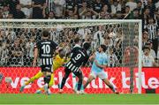 14 August 2025; Tammy Abraham of Besiktas, 9, shoots to score his side's second goal during the UEFA Conference League Third Qualifying Round second leg match between Besiktas and St Patrick's Athletic at Besiktas Stadium in Istanbul, Türkiye. Photo by Emre Oktay/Sportsfile