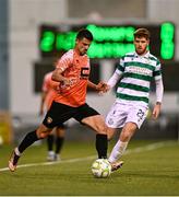 14 August 2025; Arber Potoku of Ballkani in action against Connor Malley of Shamrock Rovers during the UEFA Conference League Third Qualifying Round second leg match between Shamrock Rovers and Ballkani at Tallaght Stadium in Dublin. Photo by Ben McShane/Sportsfile