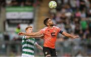 14 August 2025; Rory Gaffney of Shamrock Rovers in action against Bajram Jashanica of Ballkani during the UEFA Conference League Third Qualifying Round second leg match between Shamrock Rovers and Ballkani at Tallaght Stadium in Dublin. Photo by Stephen McCarthy/Sportsfile