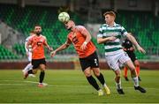 14 August 2025; Geralb Smajli of Ballkani in action against Rory Gaffney of Shamrock Rovers during the UEFA Conference League Third Qualifying Round second leg match between Shamrock Rovers and Ballkani at Tallaght Stadium in Dublin. Photo by Stephen McCarthy/Sportsfile