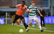 14 August 2025; Sunday Adetunji of Ballkani in action against Rory Gaffney of Shamrock Rovers during the UEFA Conference League Third Qualifying Round second leg match between Shamrock Rovers and Ballkani at Tallaght Stadium in Dublin. Photo by Stephen McCarthy/Sportsfile
